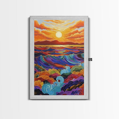 Sunset Ocean, Waves, Framed Canvas Print, Vibrant Abstract Seascape Wall Art, Colorful Ocean Decor, Living Room Statement Art