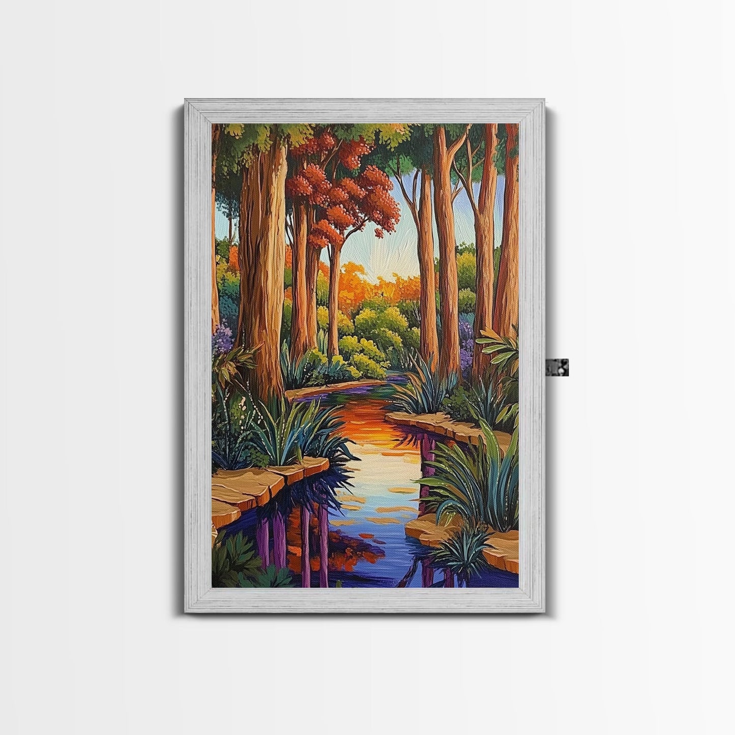 Forest Creek, Autumn, Framed Canvas Print, Tranquil Fall Landscape Wall Art, Vibrant Nature Decor, Woodland Boho Style, Bedroom Wall Art