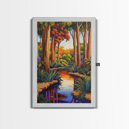 Forest Creek, Autumn, Framed Canvas Print, Tranquil Fall Landscape Wall Art, Vibrant Nature Decor, Woodland Boho Style, Bedroom Wall Art