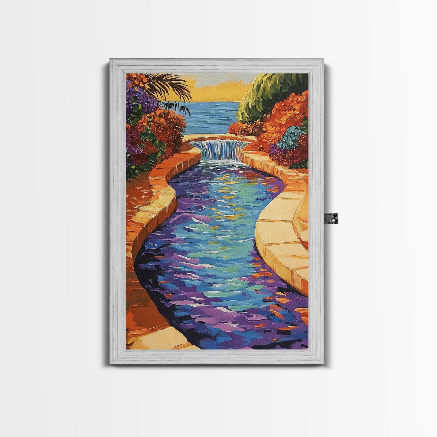 Pool Garden, Oasis, Sunset, Framed Canvas Print vibrant patio wall art, tropical courtyard landscape, kitchen art, sunroom boho decor