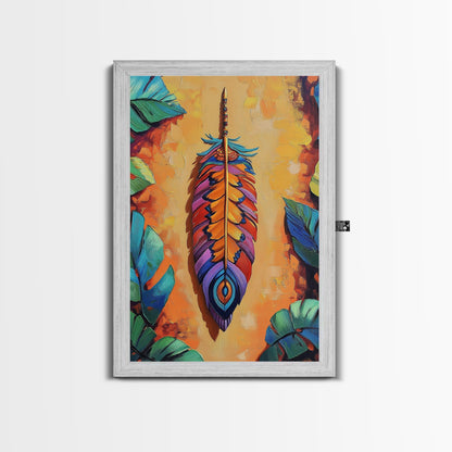 Bold Feather, Boho, Tropical, Colorful Framed Canvas Print, Eclectic Bedroom Wall Art, Boho Style Decor, Vibrant Southwest Wall Hanging