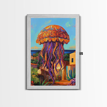 Jellyfish Surreal, Ocean, Dreamy Framed Canvas Print, Coastal Living Room Wall Art, Fantasy Sea Creature Art, Bright Tropical Decor