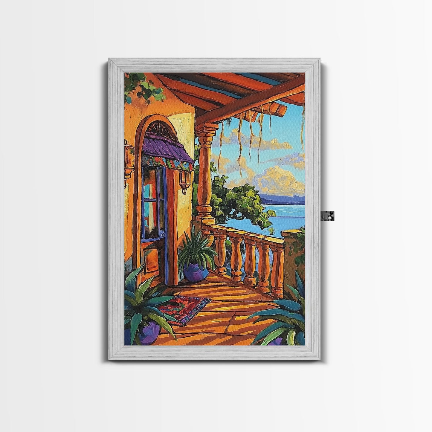 Porch Lake, Peaceful, View, Framed Canvas Print, relaxing patio art, summer lake view, rustic porch decor, Mediterranean vibes painting