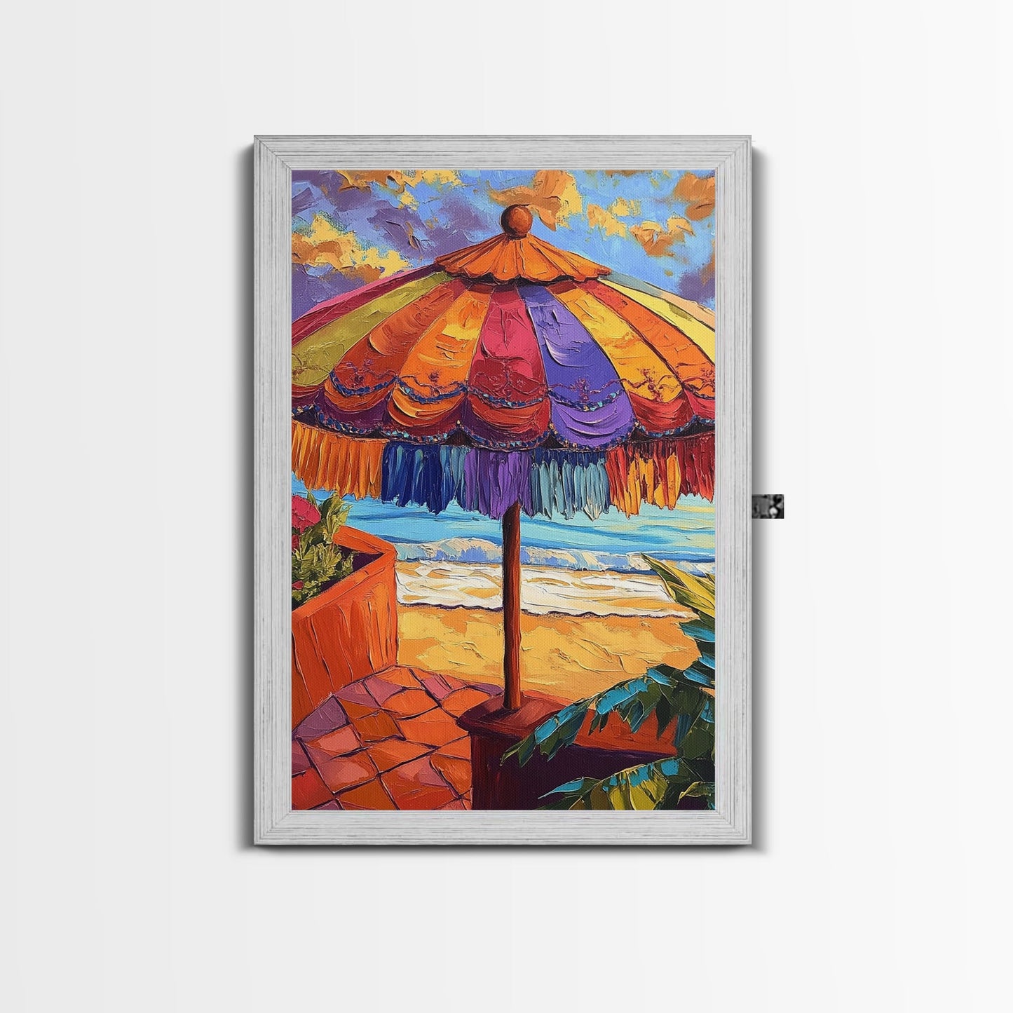 Beach Umbrella, Sunset, Framed Canvas Print, Tropical boho art, patio decor, summer beach vibe, colorful wall art, sunroom accent piece