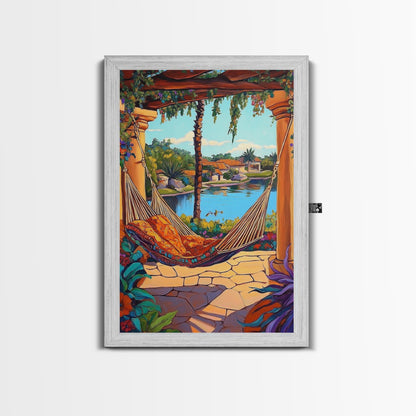 Hammock Patio, Relax, Lake, Framed Canvas Print, bohemian outdoor decor, tropical vacation art, summer patio vibe, living room wall art