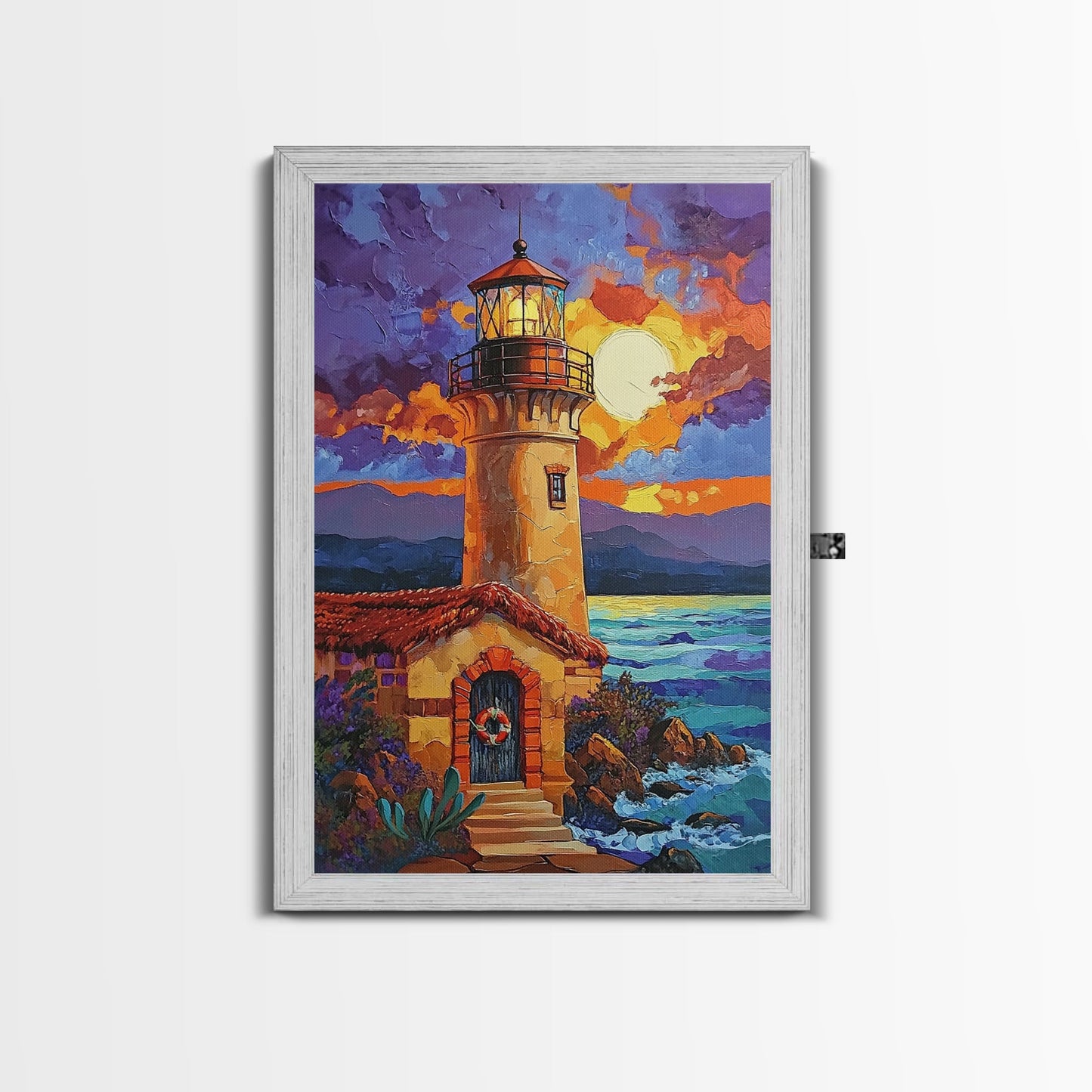 Moonlit Lighthouse, Rustic, Shore, Framed Canvas Print, Coastal Lighthouse Canvas, Dramatic Moon Ocean Scene, Rustic Nautical Wall Art