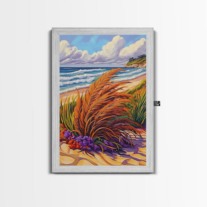 Ocean Dune, Grass, Coastal Beach Landscape Wall Decor, Nature Lover Gift, Living Room Wall Art, Boho Style Framed Canvas Print
