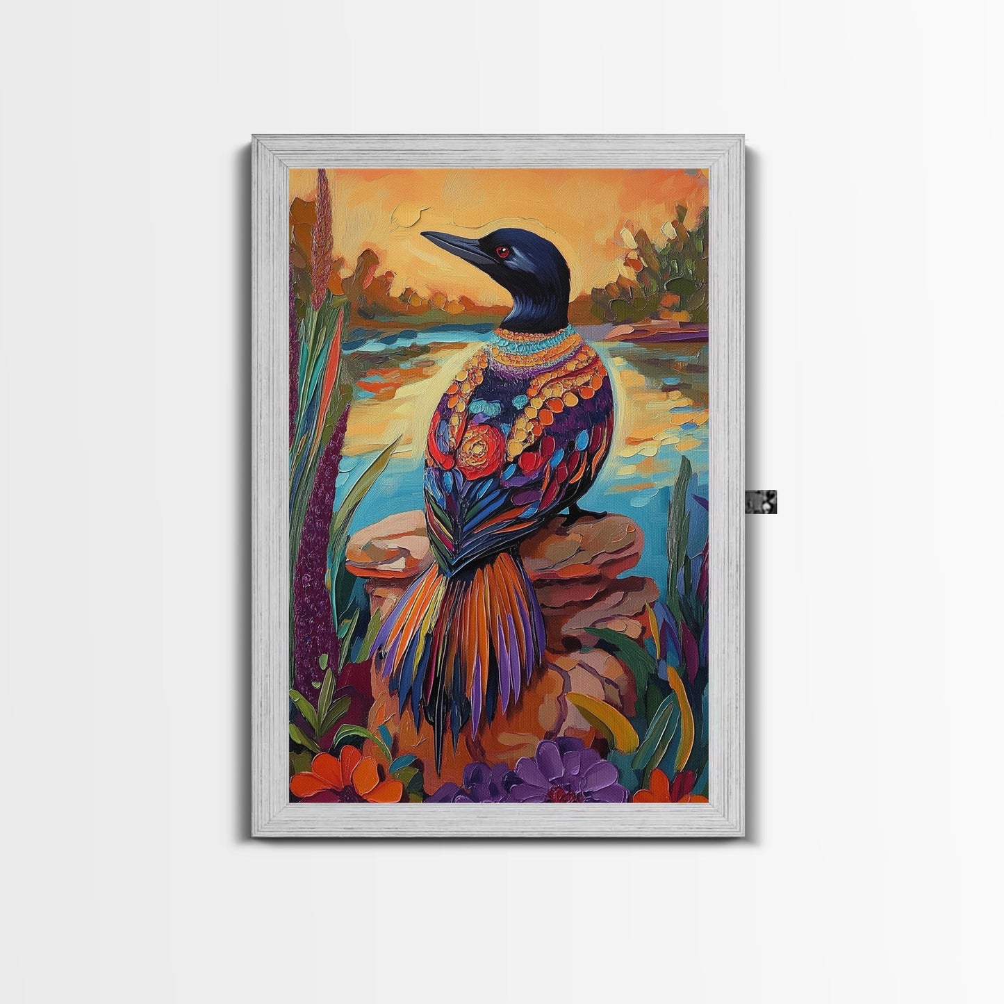 Jewel Loon, Sunset, Vibrant Bird Wall Art, Nature Wildlife Decor, Eclectic Home Accent, Living Room Boho Framed Canvas Print