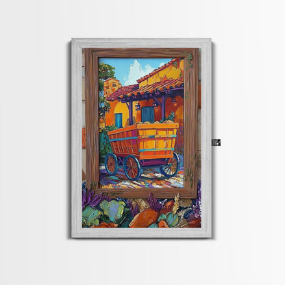 Rustic Wagon, Village, Colorful House Framed Canvas Print, Southwest Home Decor, Farmhouse Kitchen Wall Art, Mexican Art Style