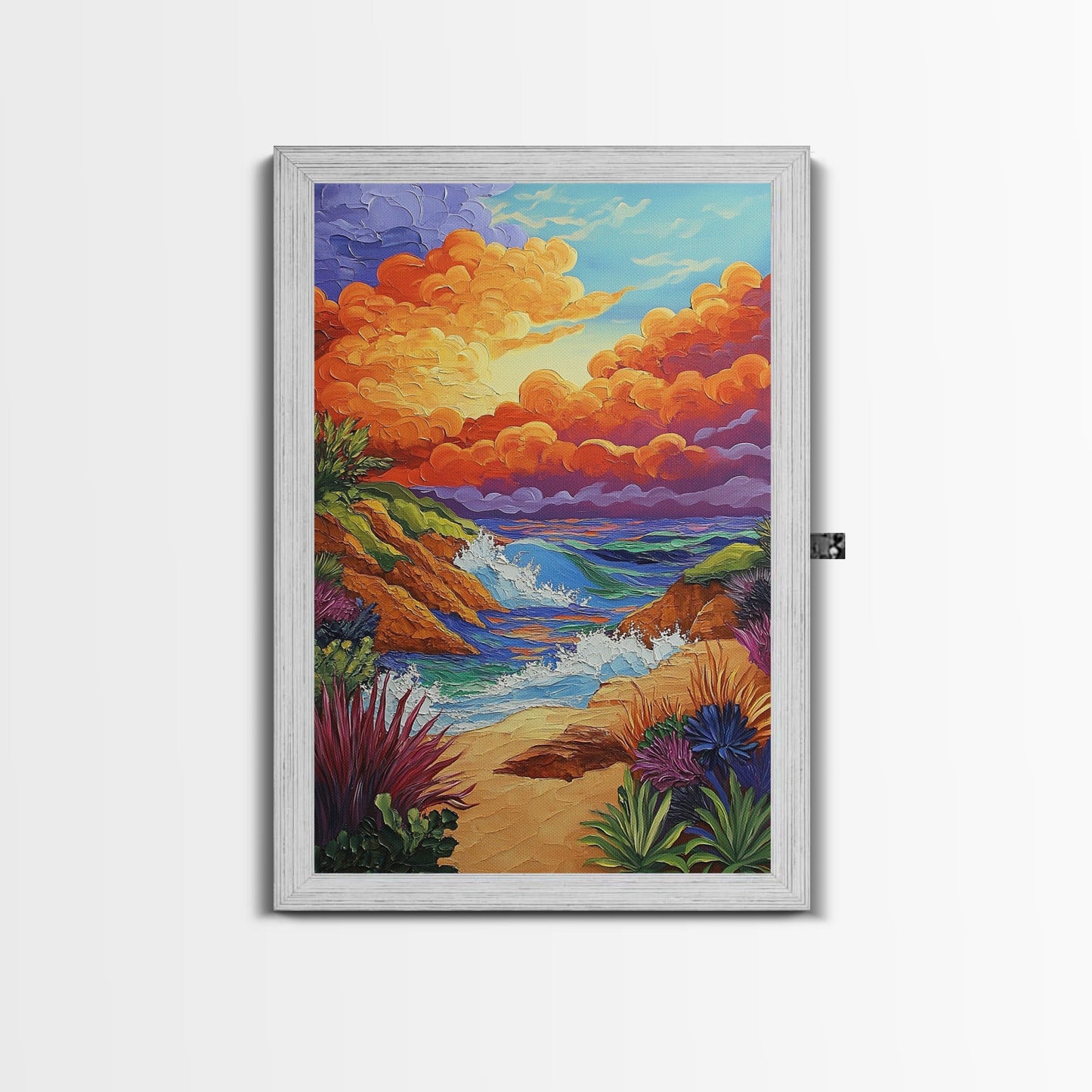 Seaside Sunset, Cliff, Dramatic Clouds Framed Canvas Print, Vibrant Ocean Wall Decor, Bathroom Beach Art, Coastal Expressionism