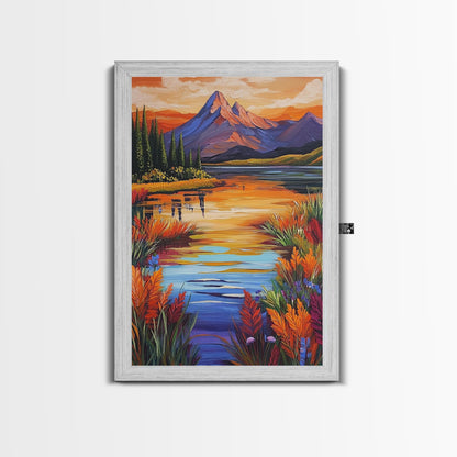 Mountain Autumn, River, Vibrant Reflection Canvas Print, Nature Wall Decor, Cabin or Lodge Living Room Art, Fall Landscape Style