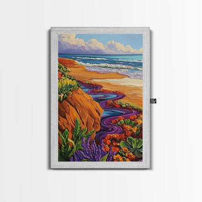 Ocean Cliffside, Floral, Seascape, Framed Canvas Print, Coastal Nature Wall Art, Bold Botanical Beach Decor, Bathroom Accent Piece