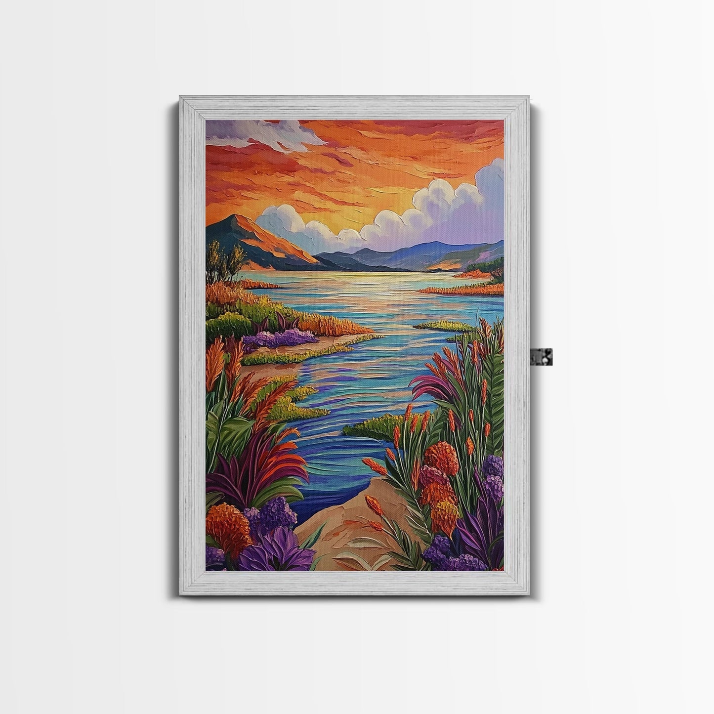 Lake Sunset, Wildflowers, Peaceful, Framed Canvas Print, Serene Nature Wall Art, Bedroom or Living Room Decor, Vibrant Landscape Style