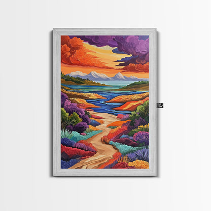 Mountains River, Clouds, Autumn, Framed Canvas Print, Bold Fall Landscape Art, Cozy Cabin Decor, Nature Lover Living Room Accent