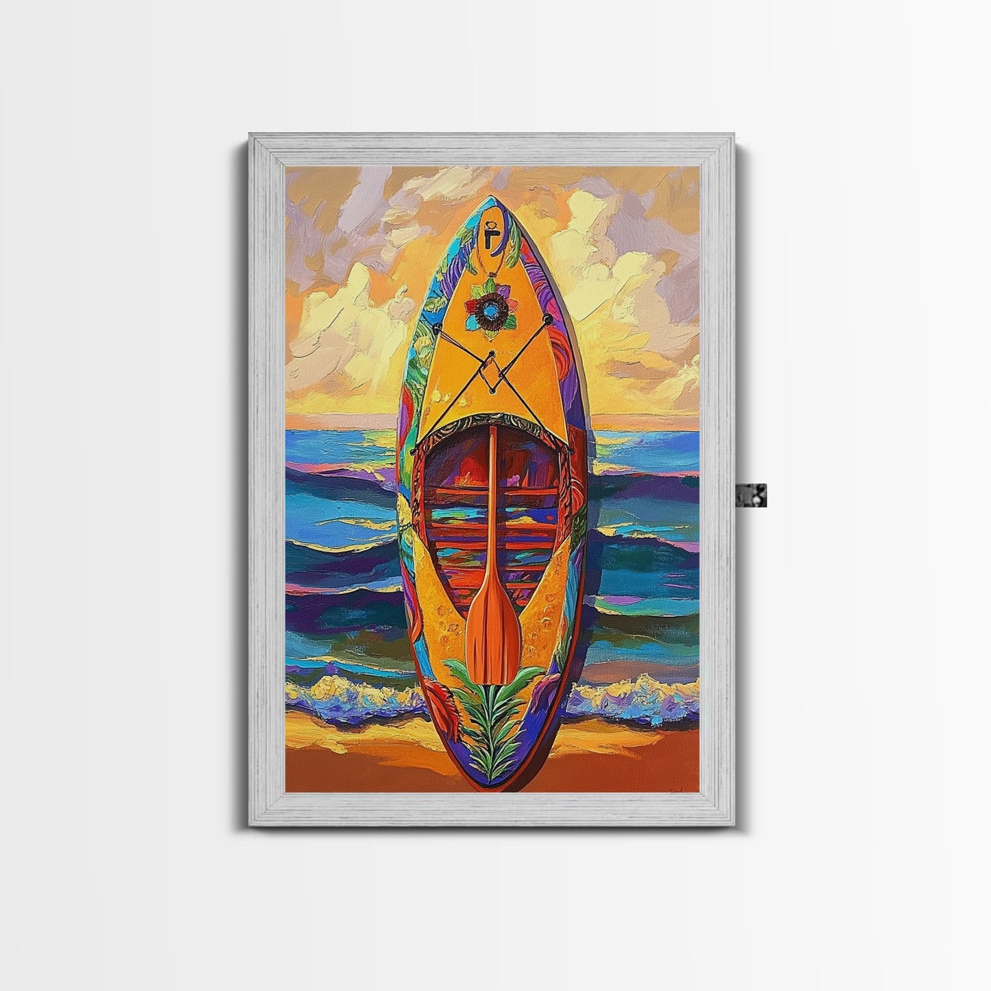 Yellow Surfboard Art, Vibrant Paddle Print, Colorful Beach Decor, Coastal Ocean Wall, Framed Canvas Print, Bathroom Wall Art, tropical art