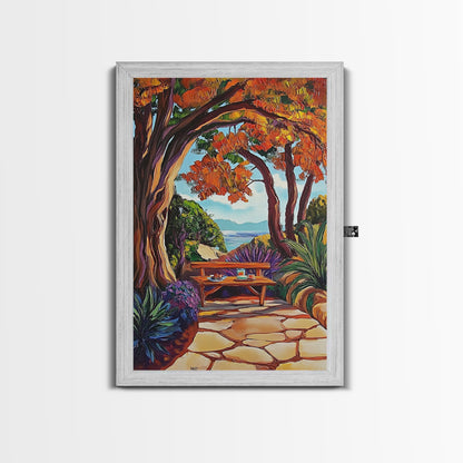 Autumn Table, Garden Path, Scenic View, Framed Canvas Print, cozy fall art, rustic decor, nature painting, Dining Room Wall Art