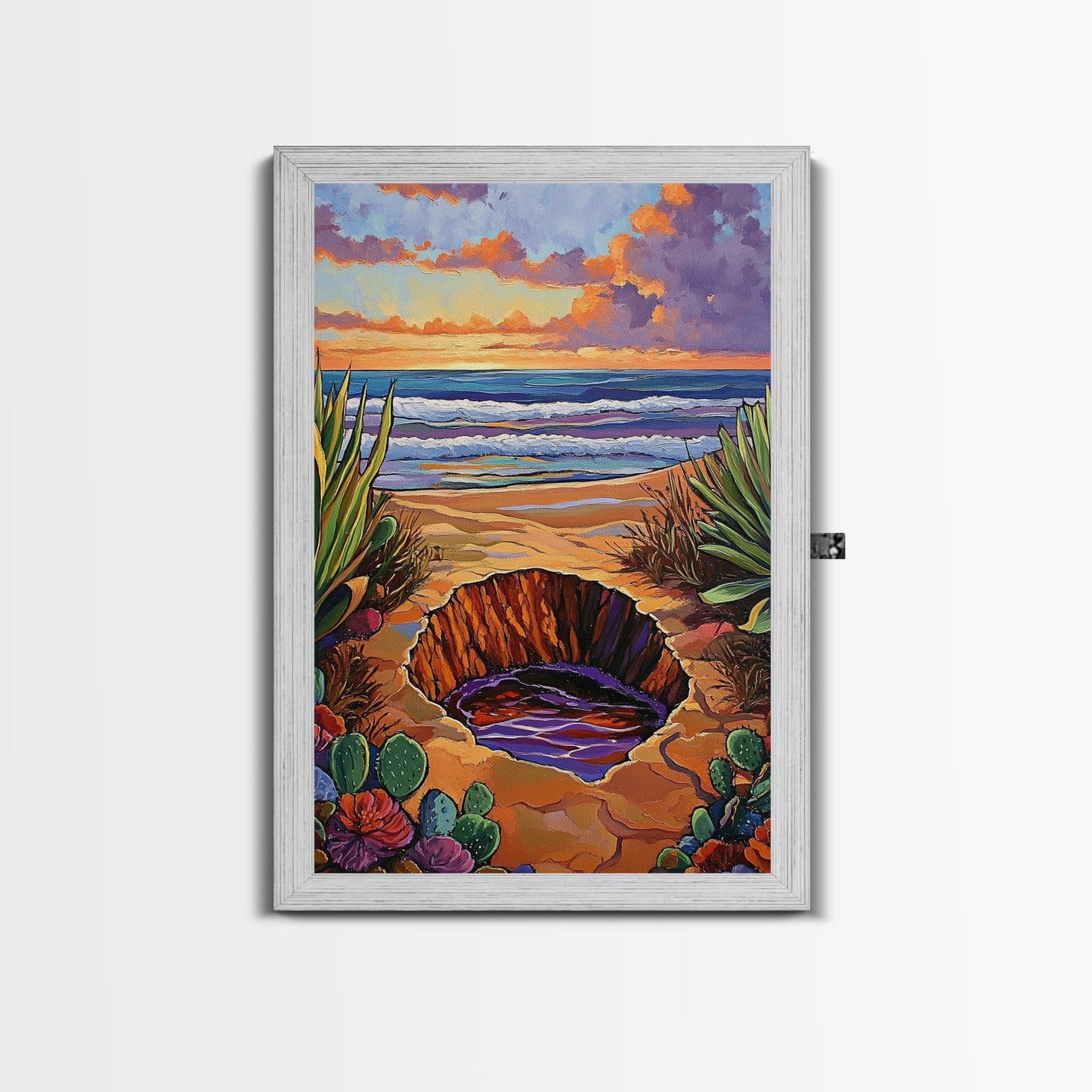 Desert Coast, Sunset Beach, Nature Hole, Surreal Art, Framed Canvas Print, Bedroom Wall Art, trippy boho decor, colorful landscape
