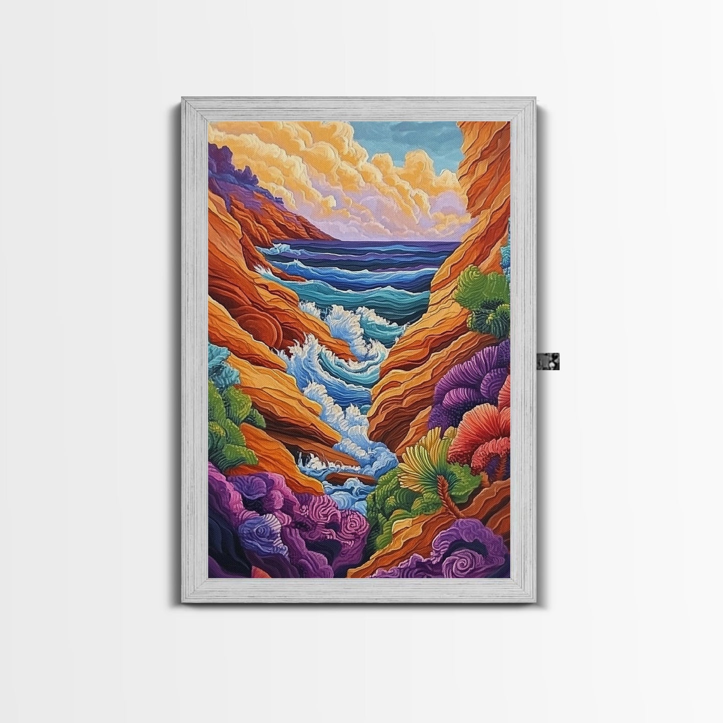 Wild Coast, Ocean Energy, Bold Waves, Colorful Rocks, Canvas Print, Eclectic Wall Art, Coastal Retreat Decor, Psychedelic Ocean Art