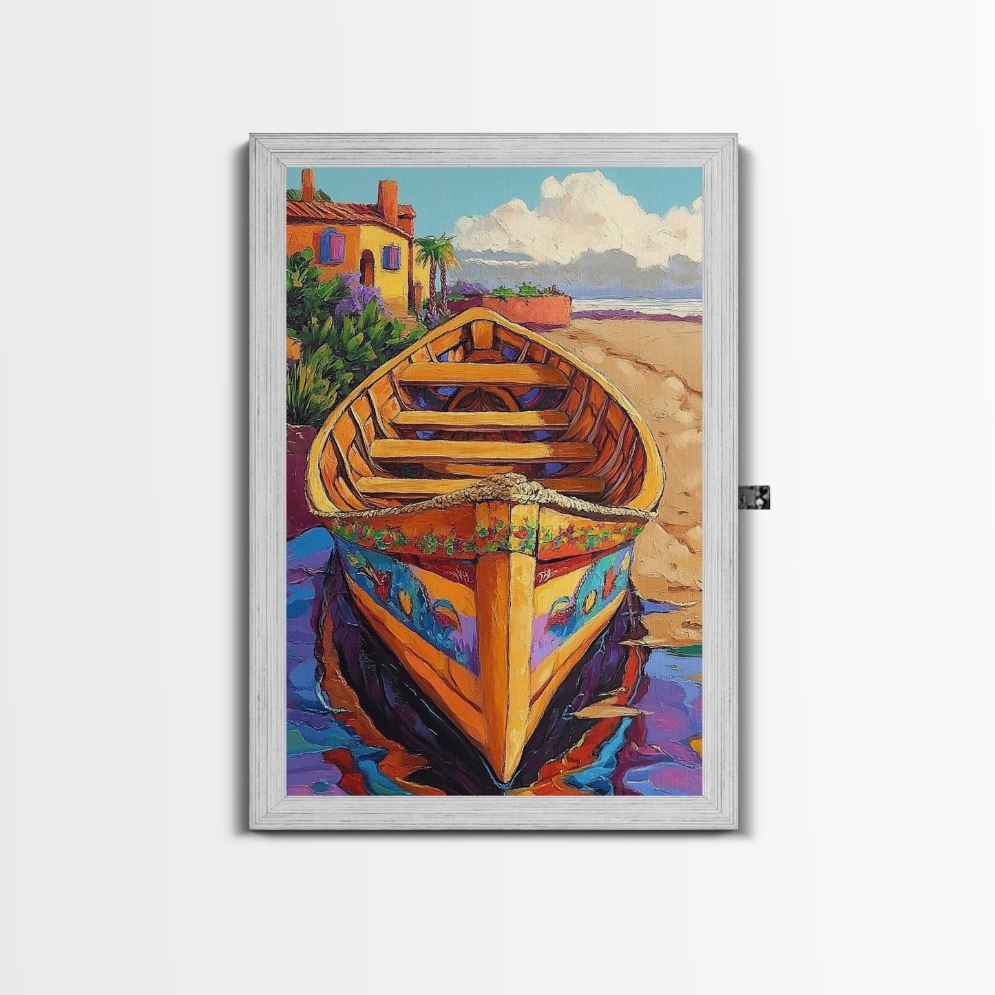 Painted Boat, Coastal Home, Nautical Style, Vibrant Beach Scene, Seaside Decor, Bathroom Wall Art, Canvas Print, Summer Vibes Art