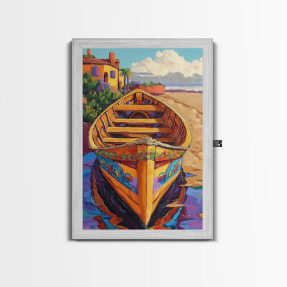Painted Boat, Coastal Home, Nautical Style, Vibrant Beach Scene, Seaside Decor, Bathroom Wall Art, Canvas Print, Summer Vibes Art