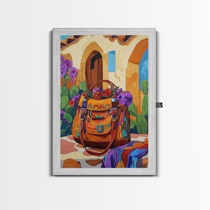 Saddle Bag, Desert Flowers, Southwest Style, Rustic Charm, Mexican Market Vibe, Entryway Wall Art, Framed Canvas Print, Colorful Boho Art