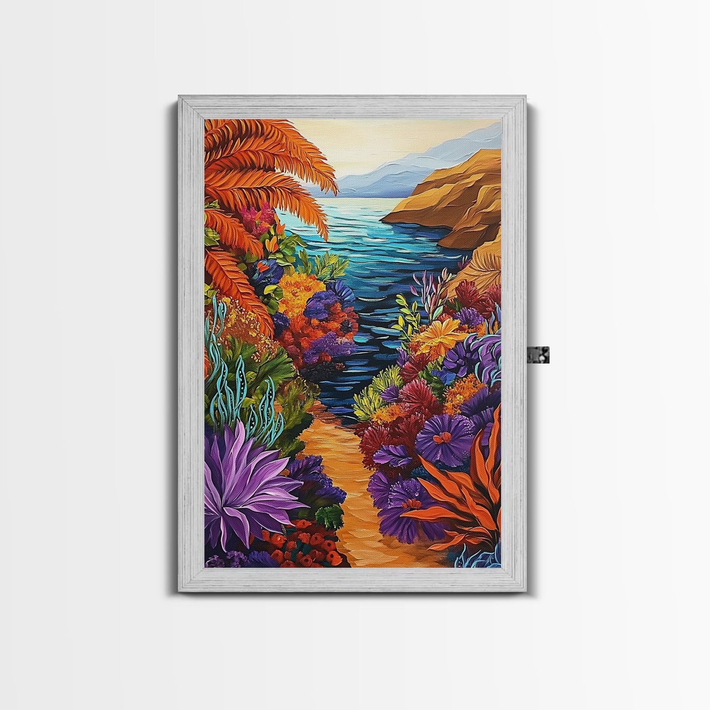 Hidden Cove, Ocean Trail, Botanical Beauty, Colorful Path, Framed Canvas Print, tropical jungle painting, hallway wall art, boho art