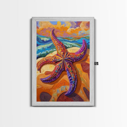 Starfish Closeup, Vibrant Shore, Ocean Texture, Coastal Beauty, Framed Canvas Print, Bathroom Wall Art, Beach House Decor, Seaside Boho Art