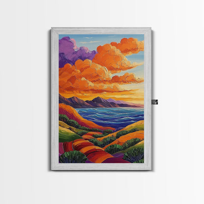 Coastal Hills, Sunset Path, Ocean View, Fiery Sky — Framed Canvas Print Autumn landscape painting, colorful kitchen wall art, boho decor