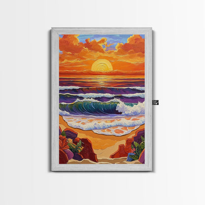 Sunset Beach, Crashing Waves, Golden Sky, Ocean Horizon — Canvas Print tropical landscape art, bathroom wall decor, modern beach vibe