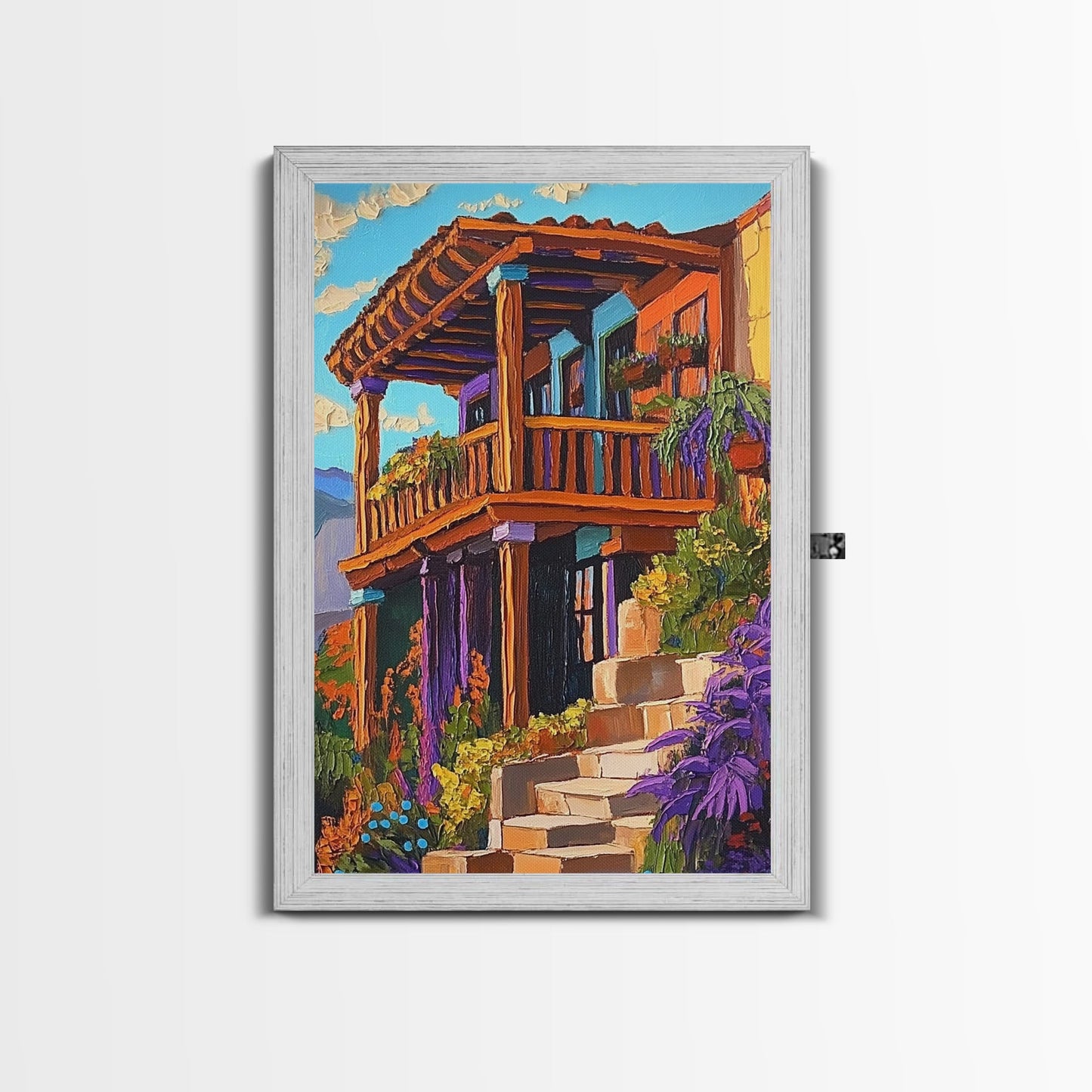 Rustic Balcony View, Desert Garden Colors, Southwest Home Art, Framed Canvas Print, Living Room Wall Art, Boho Summer Decor