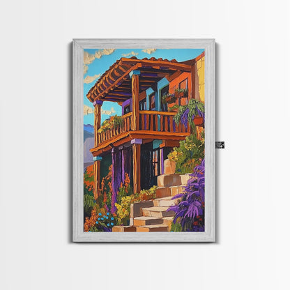 Rustic Balcony View, Desert Garden Colors, Southwest Home Art, Framed Canvas Print, Living Room Wall Art, Boho Summer Decor