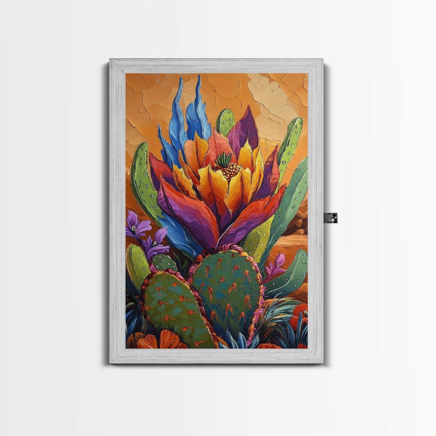 Cactus Blooming, Desert, Vivid, Framed Canvas Print bold southwest art, colorful desert cactus, southwestern home decor, kitchen wall art