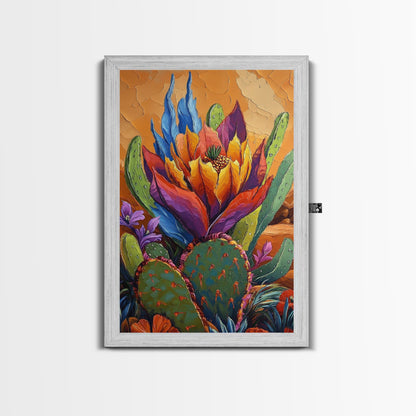 Cactus Blooming, Desert, Vivid, Framed Canvas Print bold southwest art, colorful desert cactus, southwestern home decor, kitchen wall art