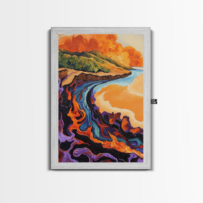 Lava Coastline, Molten Waves, Abstract Nature, Volcanic Scene, Framed Canvas Print, Fall Wall Art, Moody Decor, Earthy Abstract Art