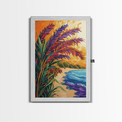 Vibrant Beach Grass, Sunset Ocean View, Coastal Wall Decor, Tropical Vibes, Framed Canvas Print, Summer Living Room Wall Art