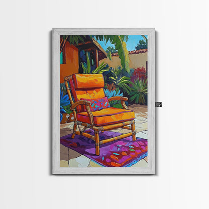 Chair Patio Palm, Tropical, Framed Canvas Print tropical garden wall art, colorful patio vibes, summer decor, boho sunroom wall art