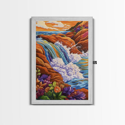 Coastal Waterfall, Ocean Rocks, Tropical Seascape, Sunset Art, Framed Canvas Print bathroom decor, beach lovers gift, colorful nature art