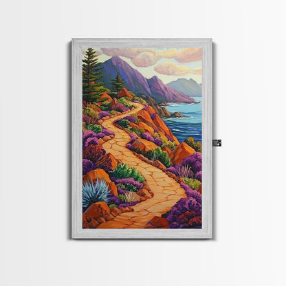 Winding Trail, Ocean Cliffs, Coastal Landscape, Mountain View, Framed Canvas Print, rustic wall art, cabin decor, colorful nature painting