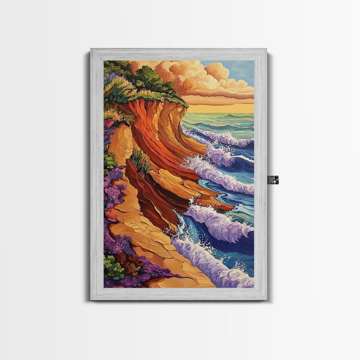 Waves Cliffs, Nature Surf, Canvas Print dramatic ocean surf painting, coastal boho landscape art, Living Room Wall Art, beachy decor