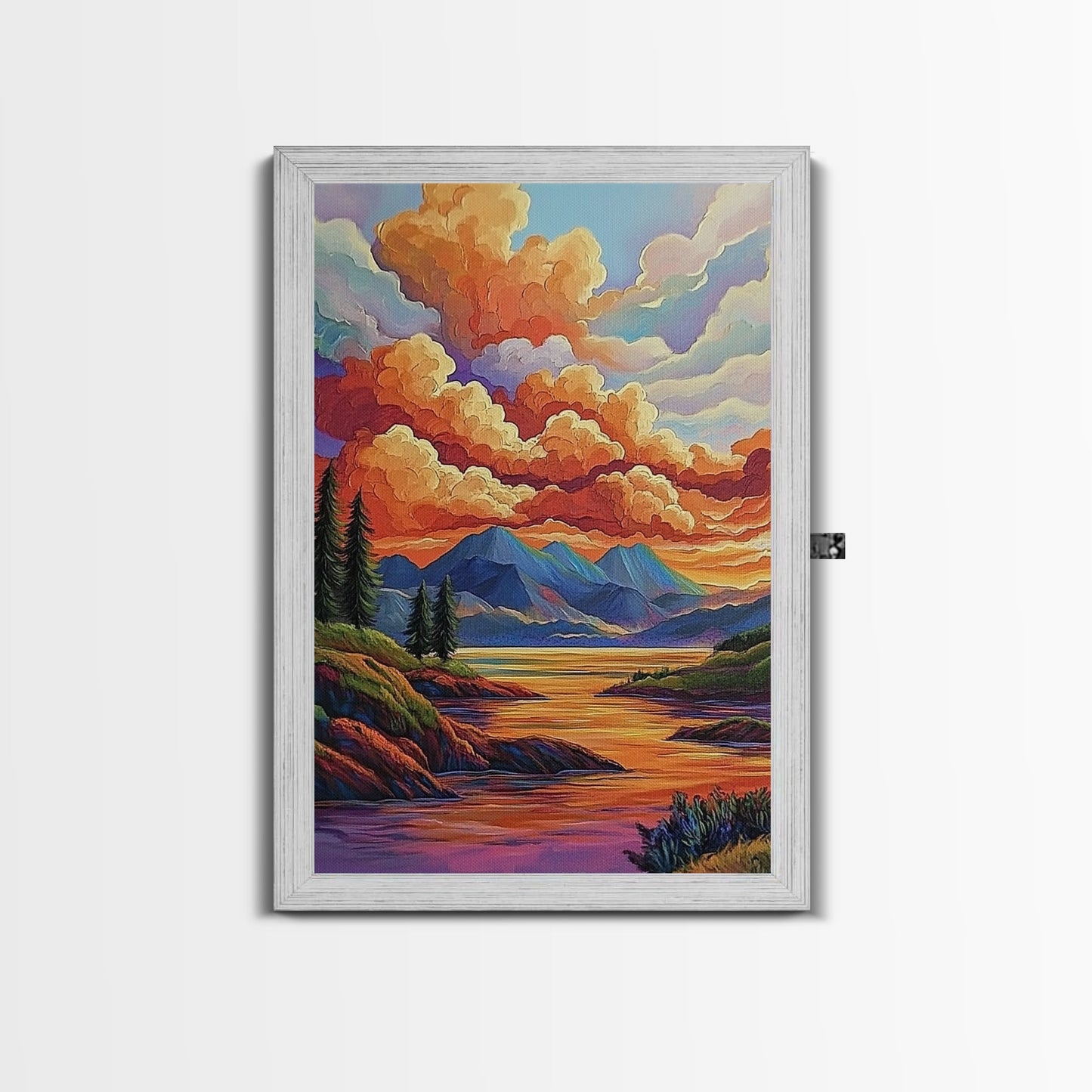 Mountains Lake, Sky Reflection, Canvas Print sunset mountain scene wall decor, serene nature landscape painting, Living Room Wall Art