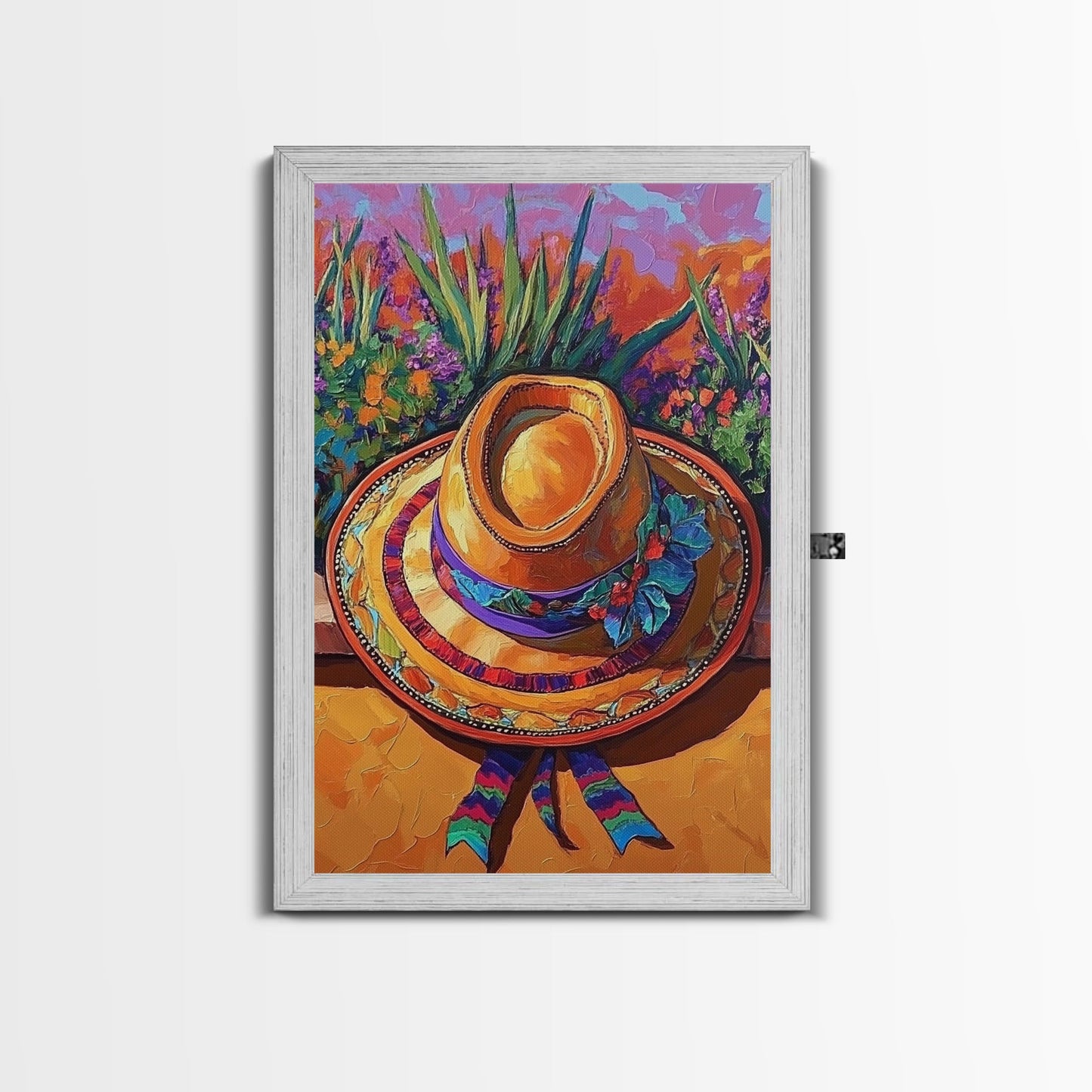 Sombrero, Garden, Boho, Floral, Framed Canvas Print, Bright floral garden sombrero artwork, perfect boho colorful kitchen wall art
