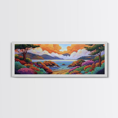 Vibrant Coastal View, Ocean Sunset Landscape, Floral Beach Scene, Framed Canvas Print, Colorful Wall Art, Tropical Living Room