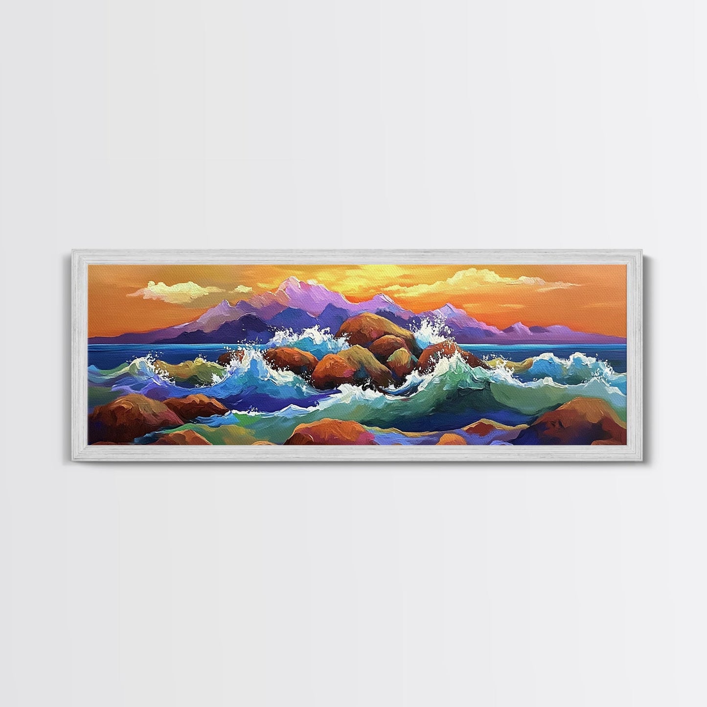 Coastal Rocks Waves, Sunset Ocean Painting, Colorful Seaside View, Framed Canvas Print, Nautical Wall Art, Living Room Decor