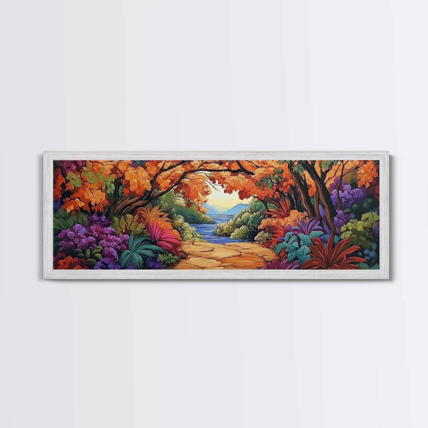 Autumn Archway, Colorful Path, Forest Lake, Vibrant Trees, Framed Canvas Print, Entryway Wall Art, Fall Nature Scene, Boho Art