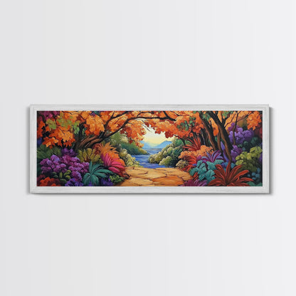Autumn Archway, Colorful Path, Forest Lake, Vibrant Trees, Framed Canvas Print, Entryway Wall Art, Fall Nature Scene, Boho Art