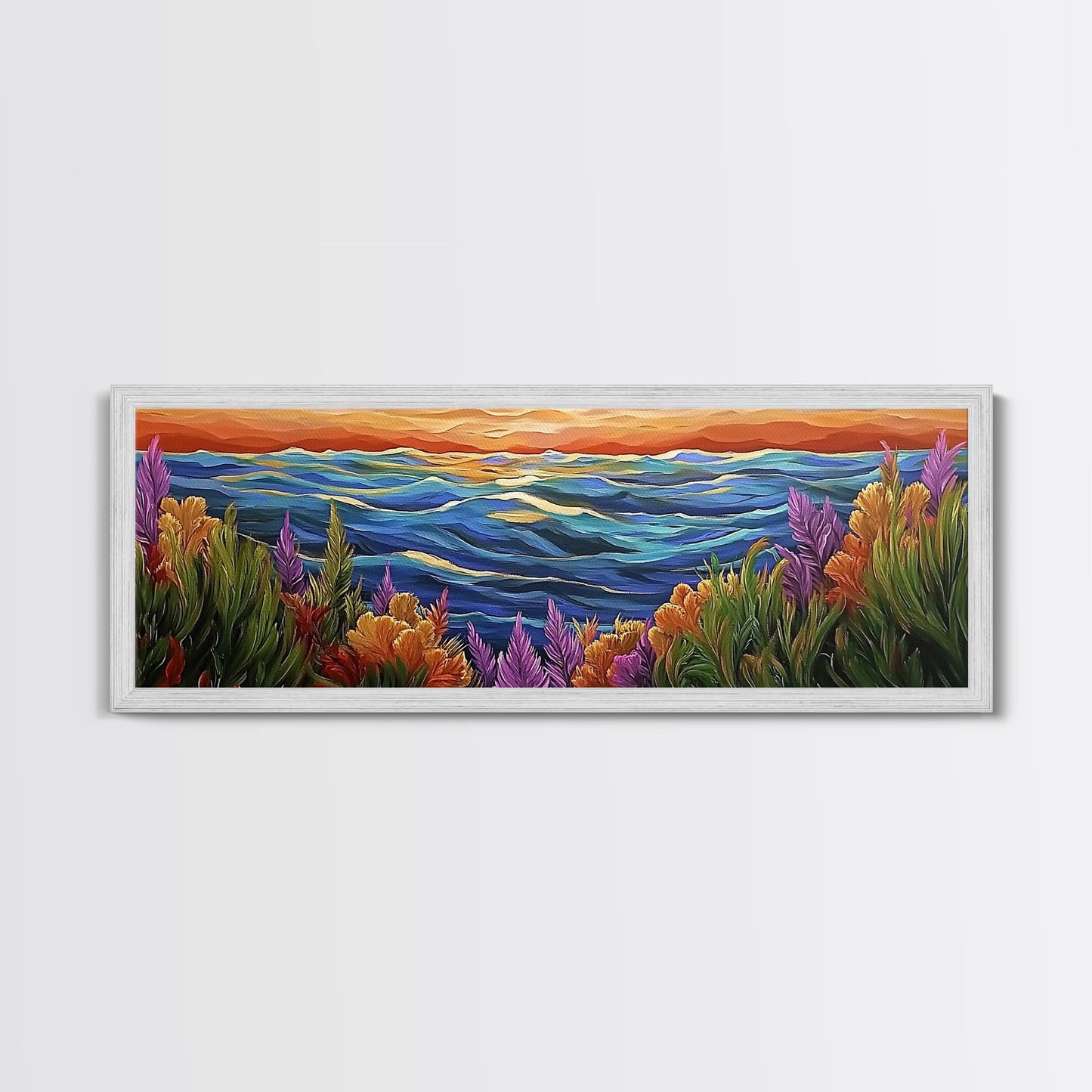 Ocean Horizon, Sunset Sea, Flower Garden, Nature Escape, Canvas Print, Beach House Decor, Tropical Seascape Wall Art