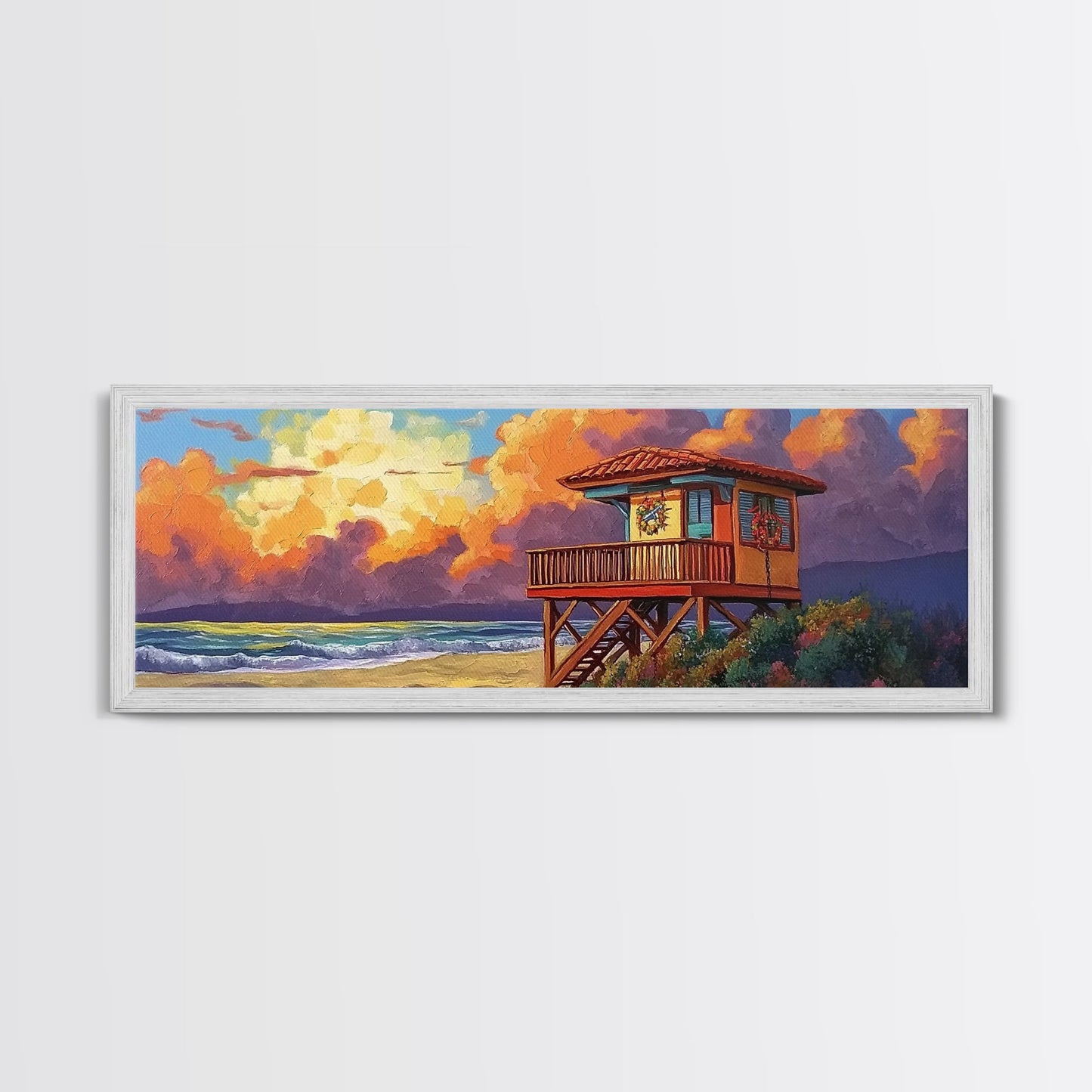 Lifeguard Tower Glow, Beach Sunset Scene, Holiday Decor, Framed Canvas Print, coastal art, tropical beach home, fall season decor