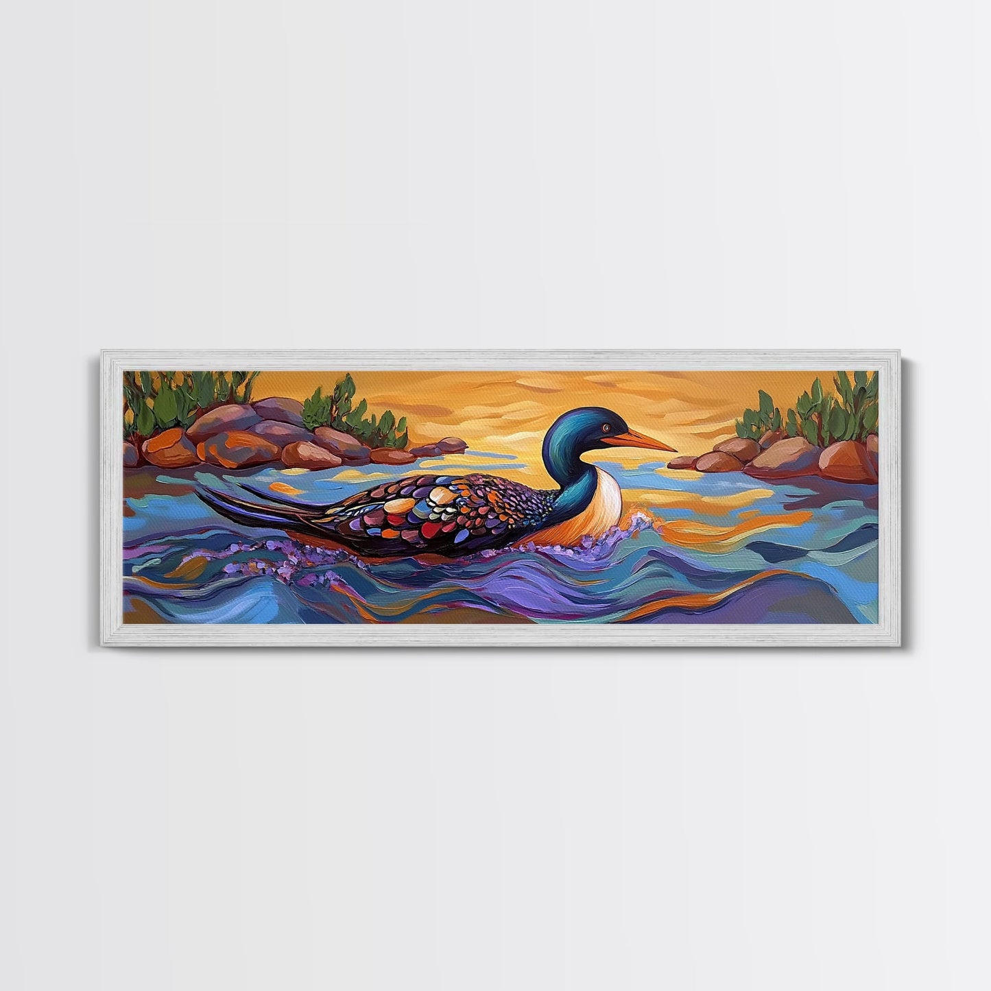 Loon Painting, Tranquil Waters, Sunset Paddle, Colorful Feathers, Framed Canvas Print, lake house art, wildlife nature decor
