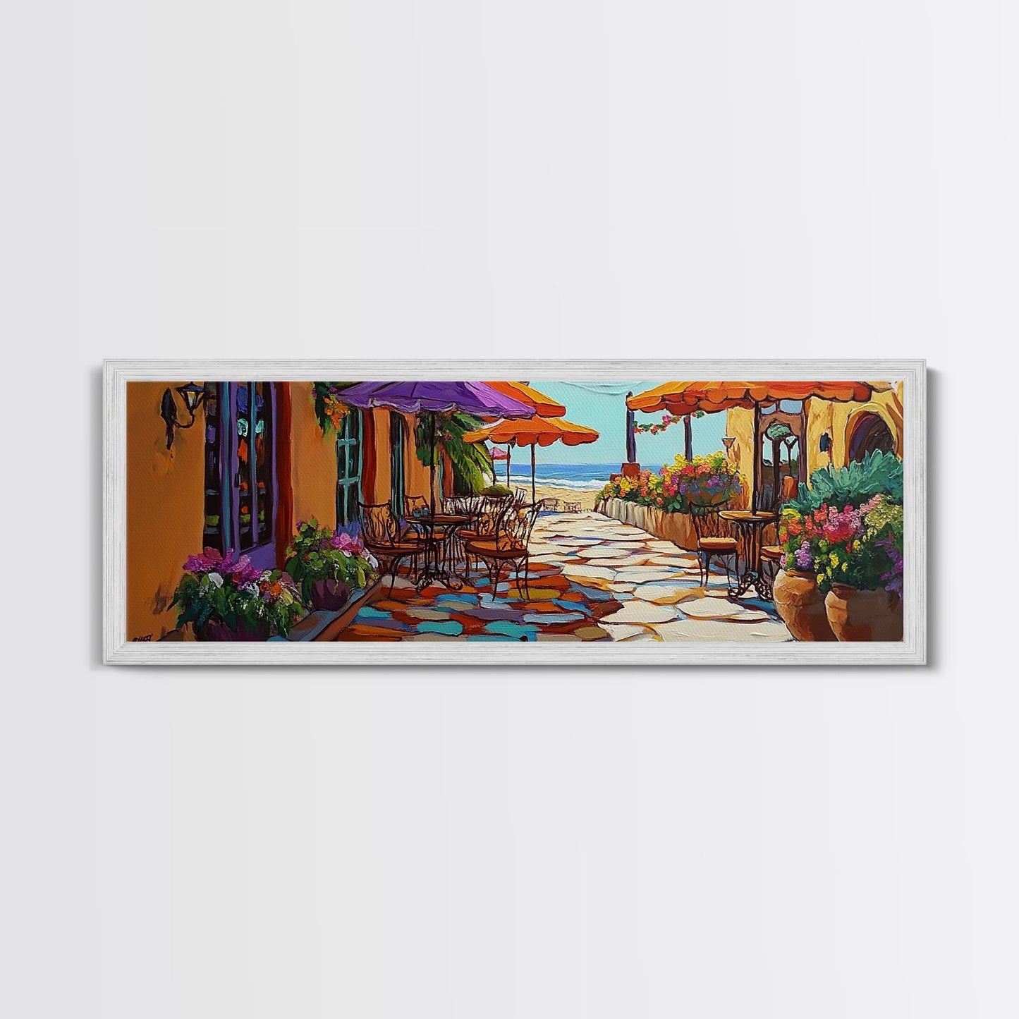 Coastal Café, Ocean View, Umbrella Patio, Bright Florals, Framed Canvas Print, Kitchen Wall Art, Mediterranean Style, Garden Dining Art