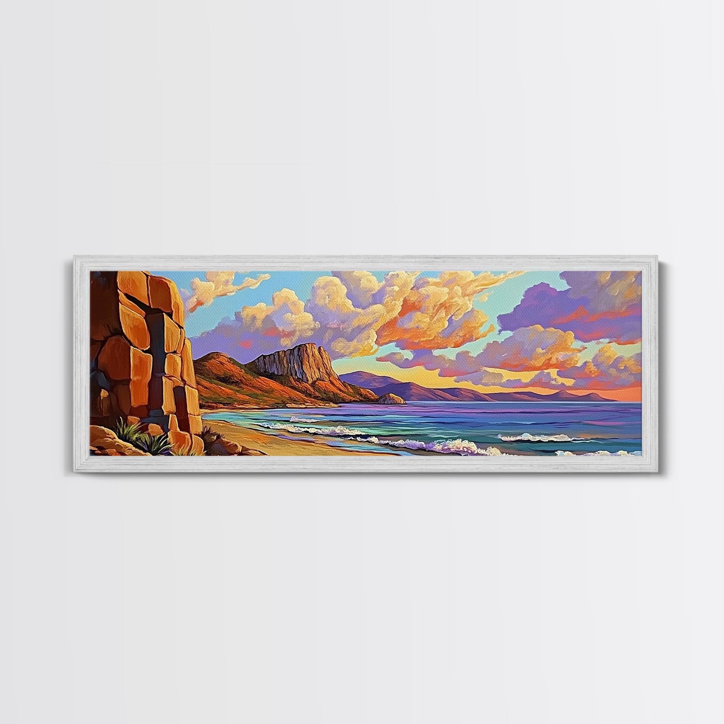 Sunset Beach View, Coastal Mountain Landscape, Peaceful Ocean Wall Art, Framed Canvas Print, Boho Bedroom or Living Room Decor